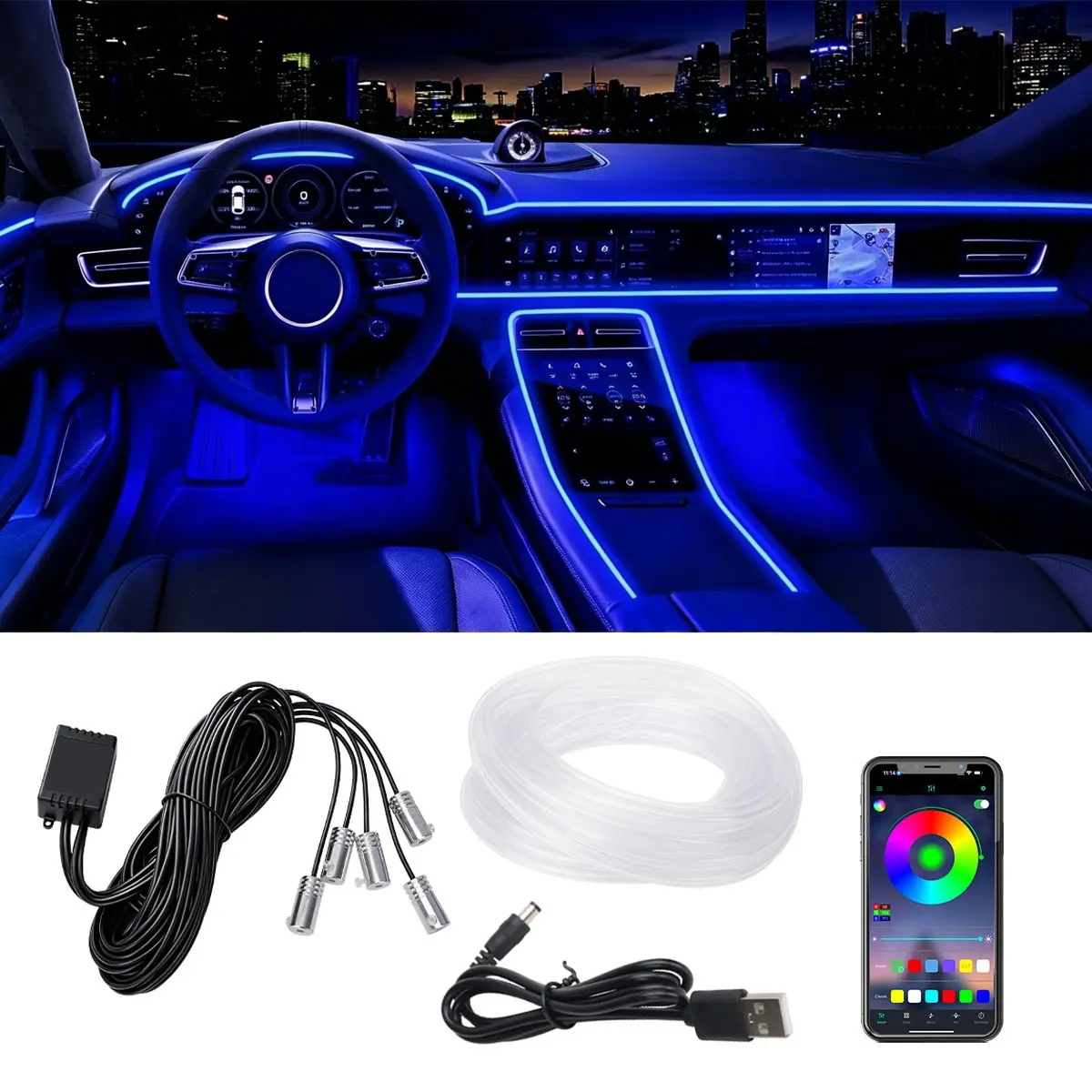 Car Lights Interior Car LED Strip Lights APP Control, USB Powered 5 in 1 RGB Colors Ambient Lighting Kit with 236 inches Fiber Optic, Music Mode Inside Car Lighting Decorations, Car Decorative Light, Romantic Gift for Car Lovers