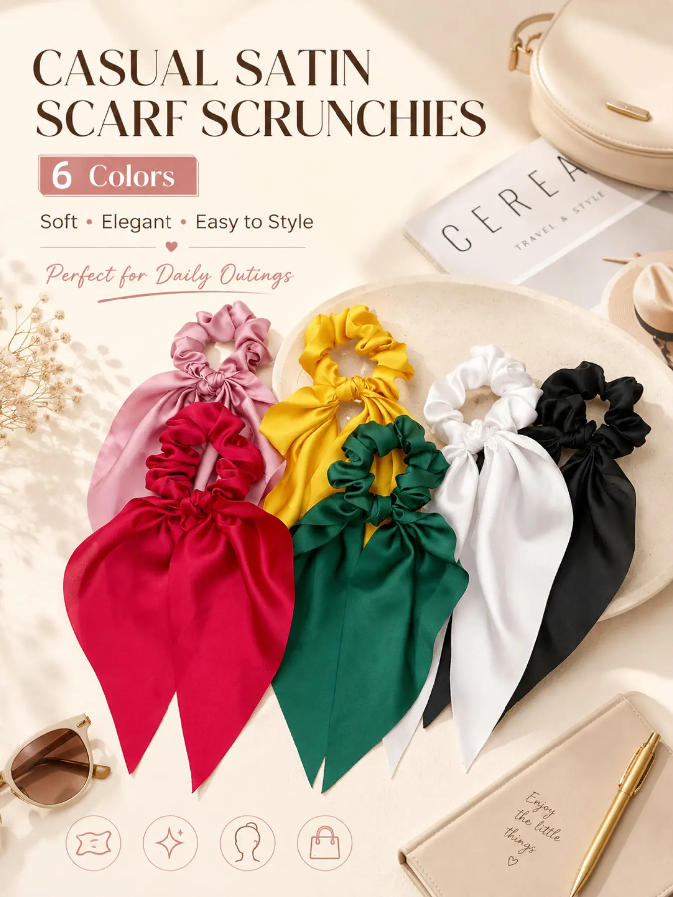 Women's Elegant Satin Ribbon Hairbands Set, Elastic Hair Ties, Pony Tail Holders, Suitable for Ponytail Hairstyle, Daily Party Travel Accessories, Elastic Hair Accessory