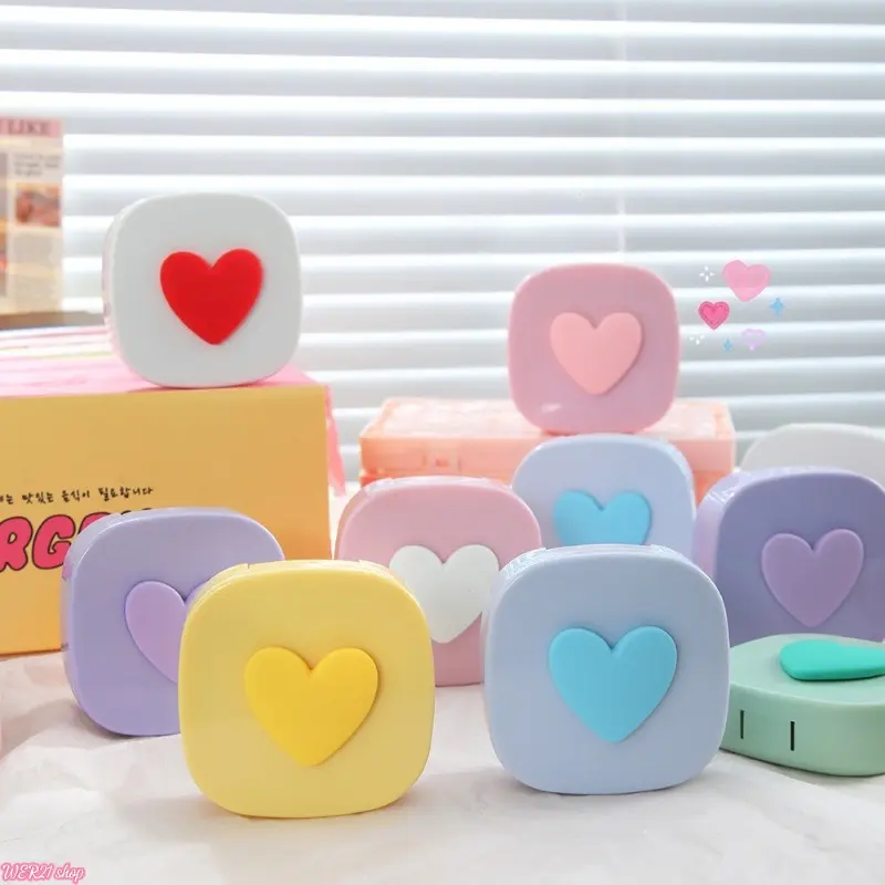 2PCS-Macaron Square Heart Contact Lens Case, Portable Travel Eye Contacts Storage Box with Built-in Mirror, Mini Lightweight Makeup Accessory for Daily Outdoor Travel, Women Cosmetic Carry Supplies
