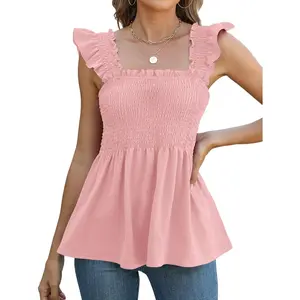 Womens Tank Tops Fashion Summer Ruffle Flying Sleeve Smocked Blouses Square Neck Sleeveless Shirts Babydoll Shirt