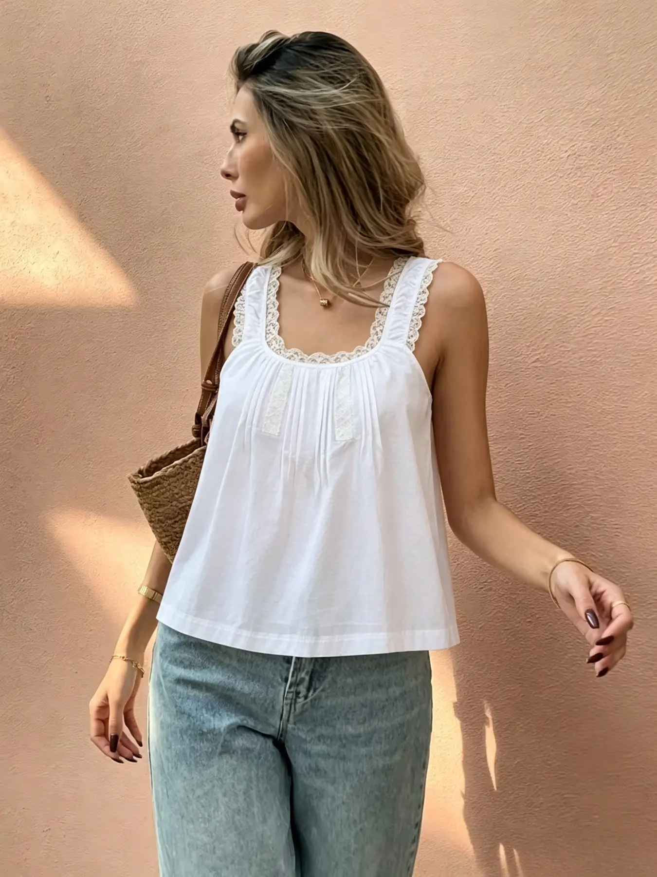 French Countryside Style Lace Trim Square Neck Halter Top Basic, Loose Fit A-Line Short Sleeveless Shirt, Casual Chic Feminine All-Season Outerwear