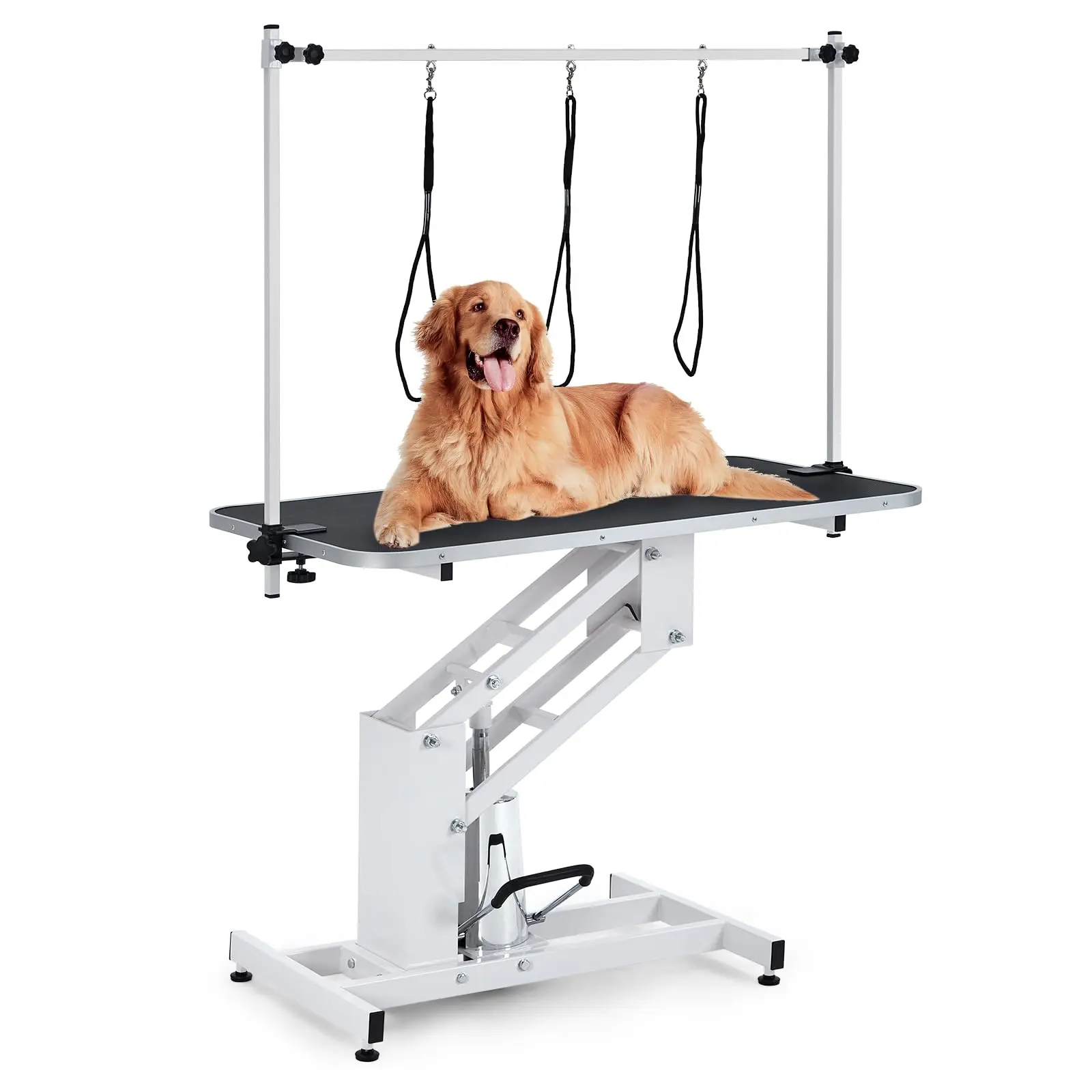 GARVEE43.3" Hydraulic Dog Grooming Table for Pet, Heavy Duty Structural Hydraulic Max Load 350Lbs Professional Pet Grooming Table with Adjustable Overhead Arm & Noose Height Range 22''-39'' - White