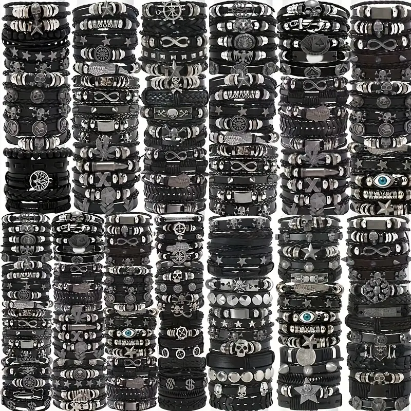 Men's Vintage Punk Skull Handwoven Bracelet Sets (16/25/31PCS) - Dark Rockstar Theme Skeleton Skull Pendant Bracelets & Bangles, Halloween Party Jewelry Gifts, Men's Accessories, Dark Style Bracelets & Bangles