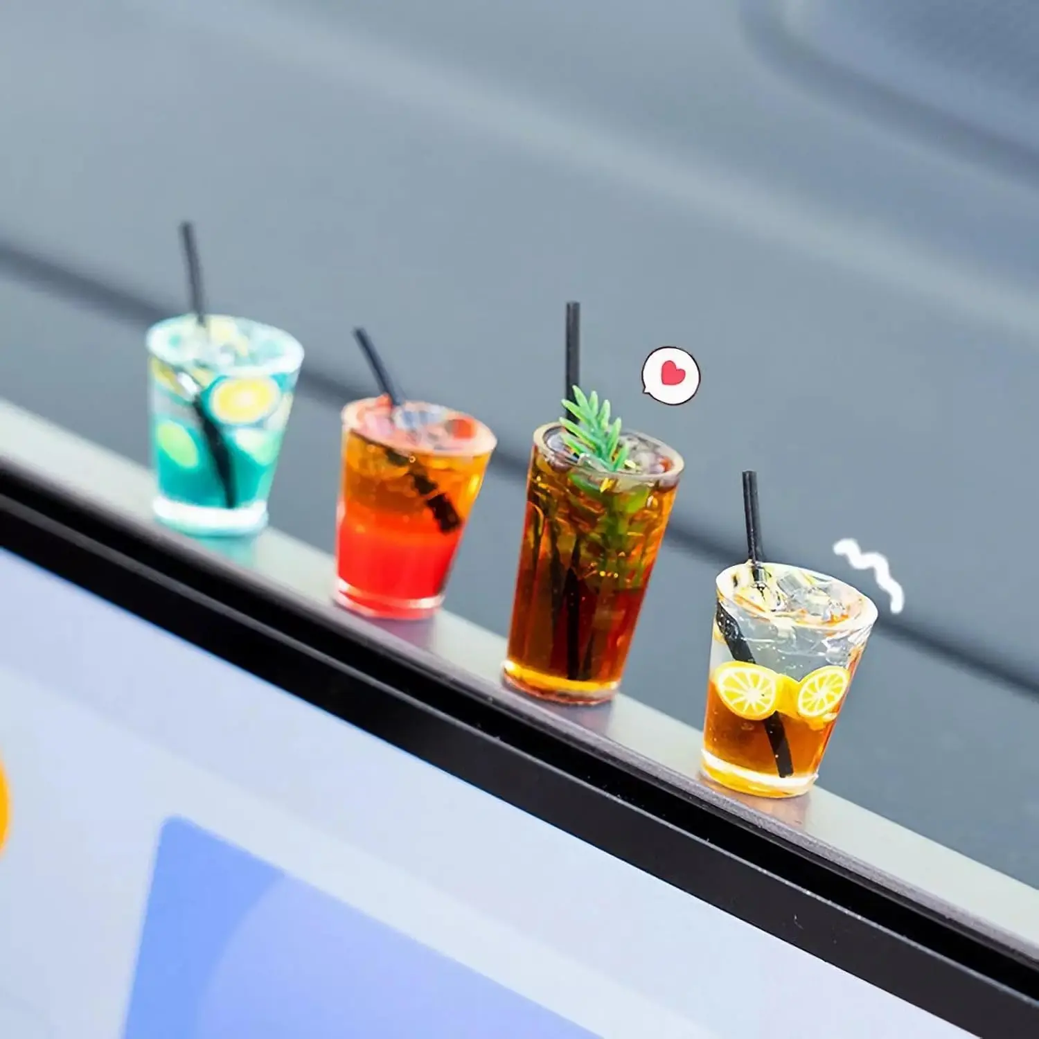 Vibrant 4-Piece Kawaii Resin Mini Drink Ornament Set, Stick-On Car Interior Decor Accessory for Rearview Mirror-Dashboard, Thoughtful Gifts for Birthdays, Fits Bookshelf-Fish Tank-Computer Monitor