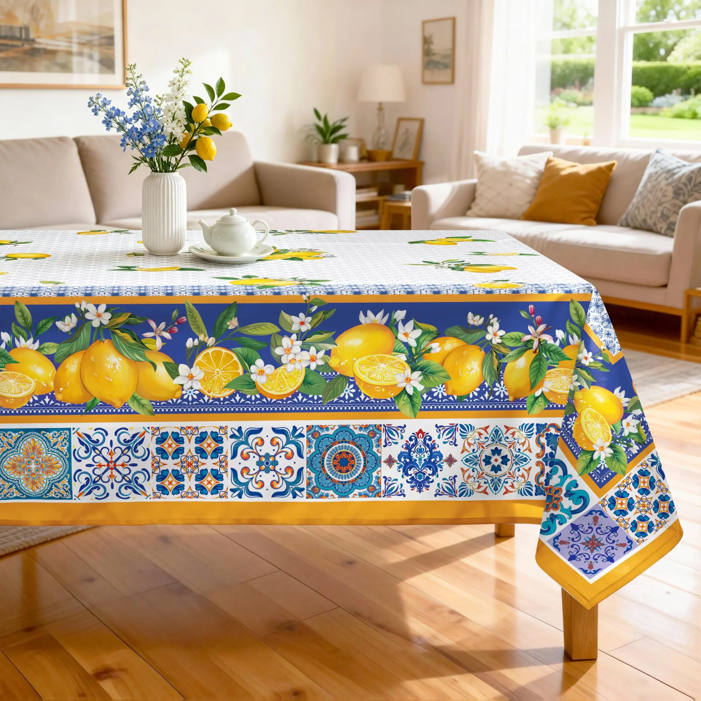Capri Lemon Polyester Tablecloth, Reusable Italian Tablecloth, Capri Lemon Print, Ideal for Summer Restaurant, Kitchen, Party Decor, Home Decoration