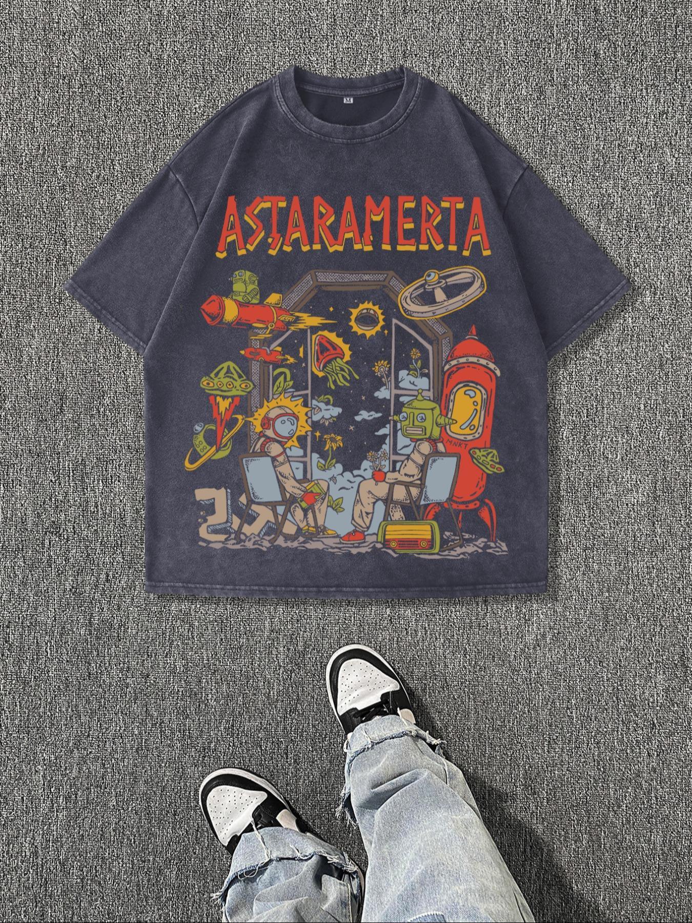 Men's Cartoon Astronaut & Letter Print Short Sleeve T-Shirt, Regular Fit Casual Retro Round Neck Tee for Summer, Men's Top for Daily Wear, Cotton