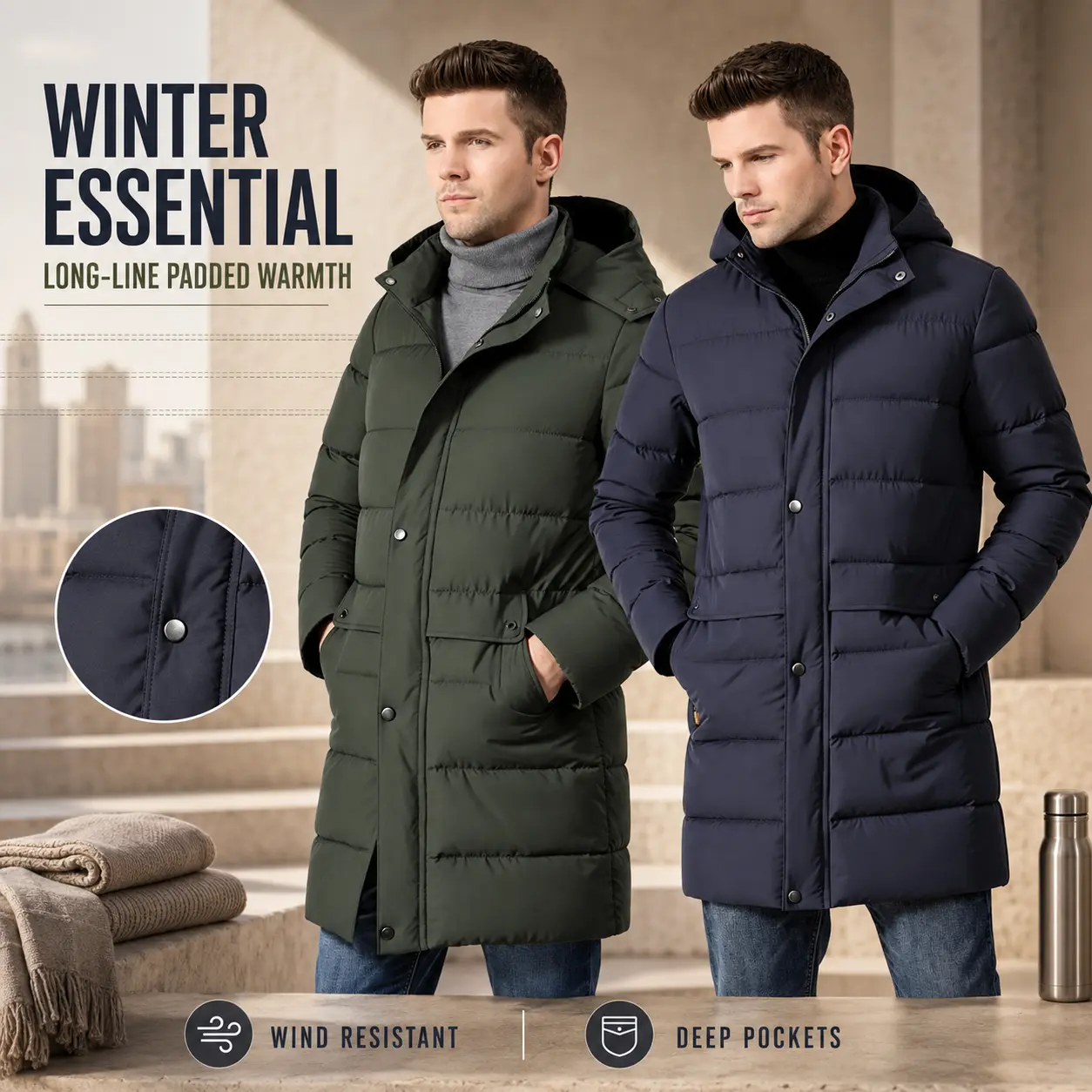 Men's Mid-Long Detachable Hood Puffer Coat Water Resistant Thick Warm Winter Outerwear