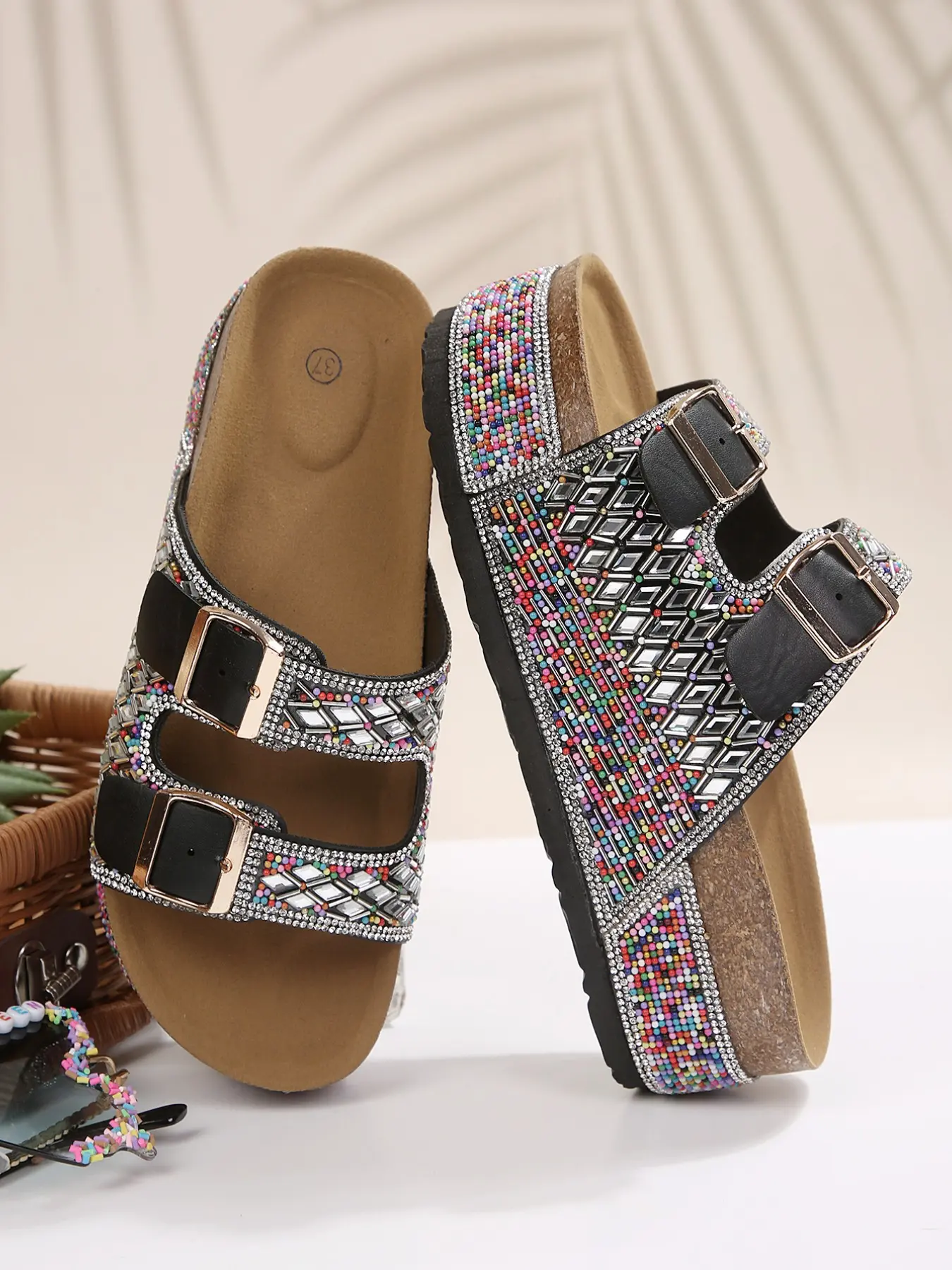 Colorful Rhinestone Thick Sole Flip-Flops, Adjustable Buckle, Wooden Heel, Non-Slip, Durable, Fashionable Summer Sandals for Women