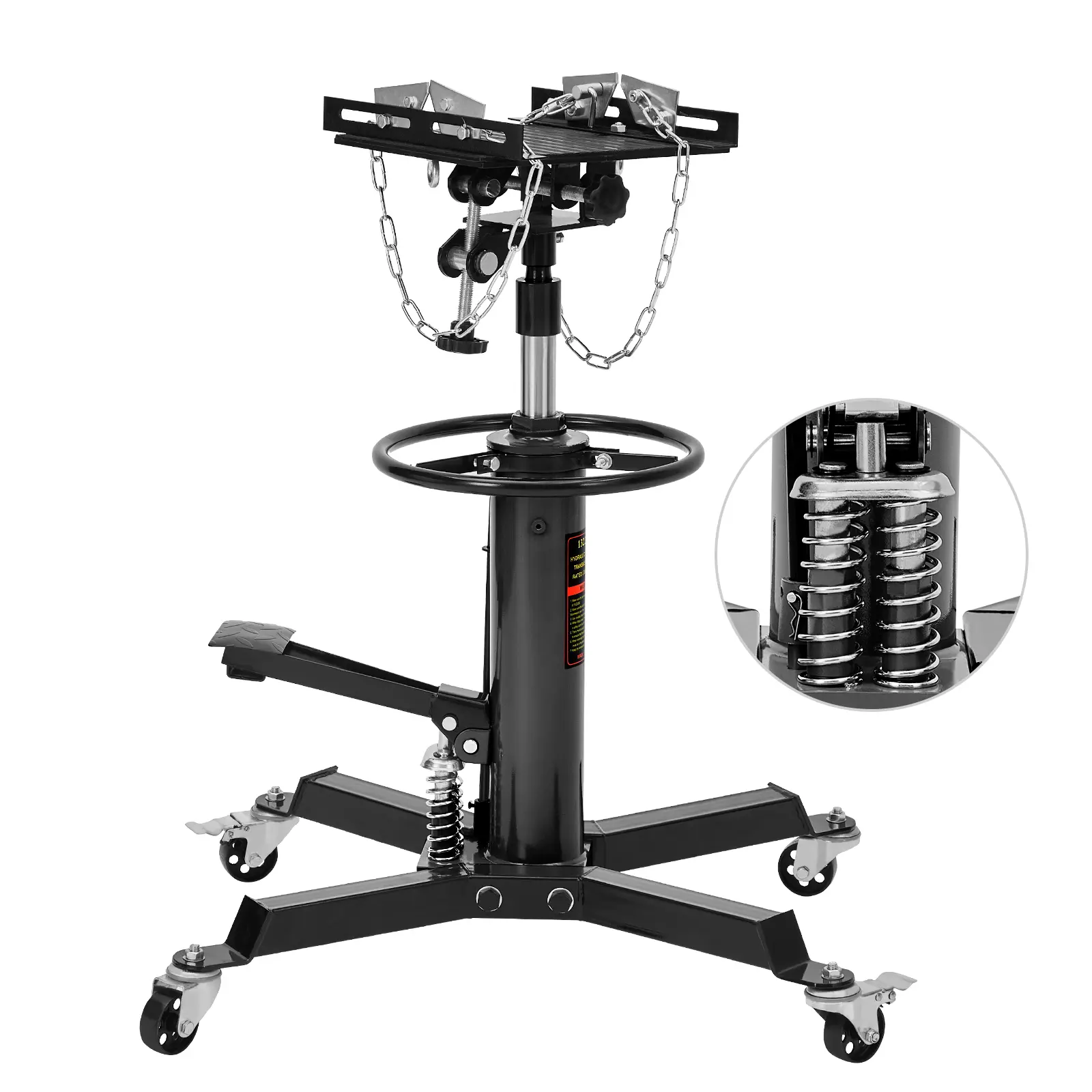 High-Lift Hydraulic Powertrain Jack – 1322 lb Capacity, Dual Plungers, 360° Rotating & 30° Tilting Saddle, Precision Control – Ideal for Auto Shops & Home Garages