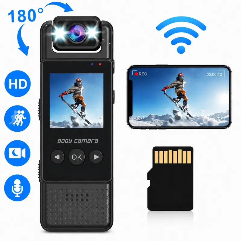 Action Camera HD USB Rechargeable Body Worn Camera, Infrared Night Vision WiFi Hotspot Sports Camera, Wearable Recording Camera for Outdoor Sports Cycling Vlog, Wearable Vlogging Camera