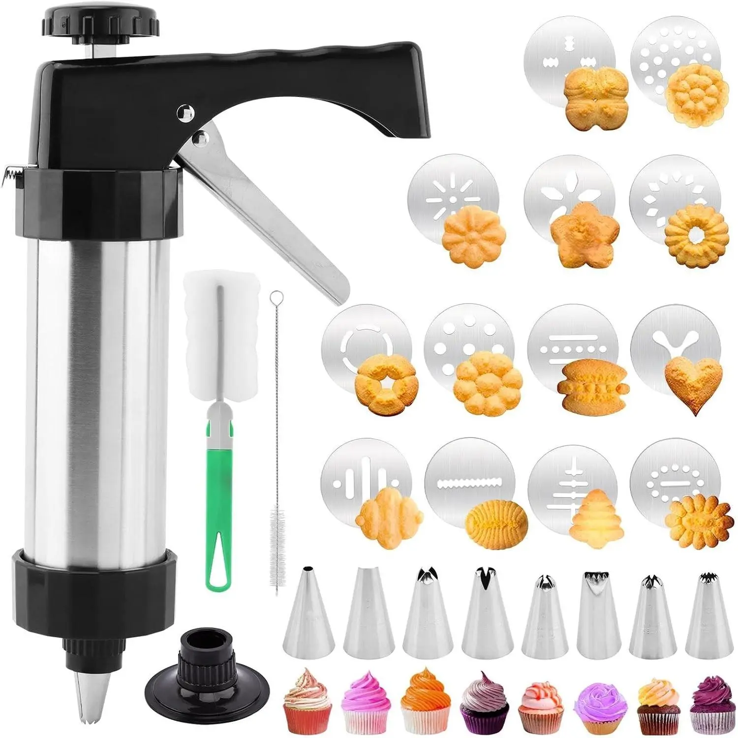 Stainless Steel Cookie Press Gun Kit, Spritz Biscuit Maker with 8 Piping Tips & 13 Discs for DIY Biscuit Cake Dessert Baking (Silver, 8.66 Inch)