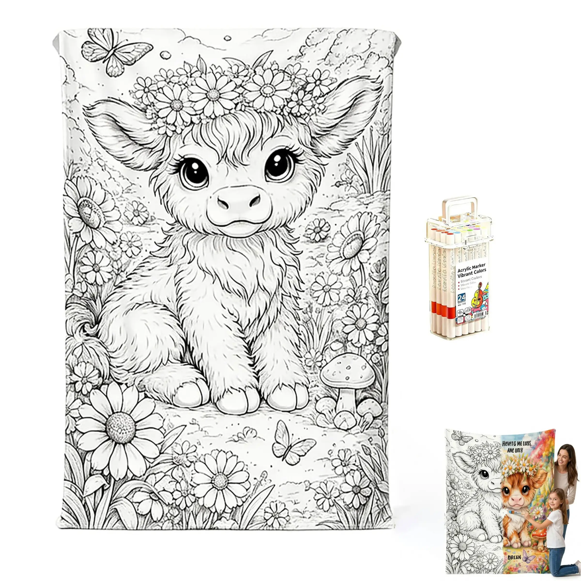 Highland Cow Themed DIY Coloring Blanket with 24 Color Markers, 40x60 Inch Creative Craft Kit for Kids & Adults, Fun Art Activity Set