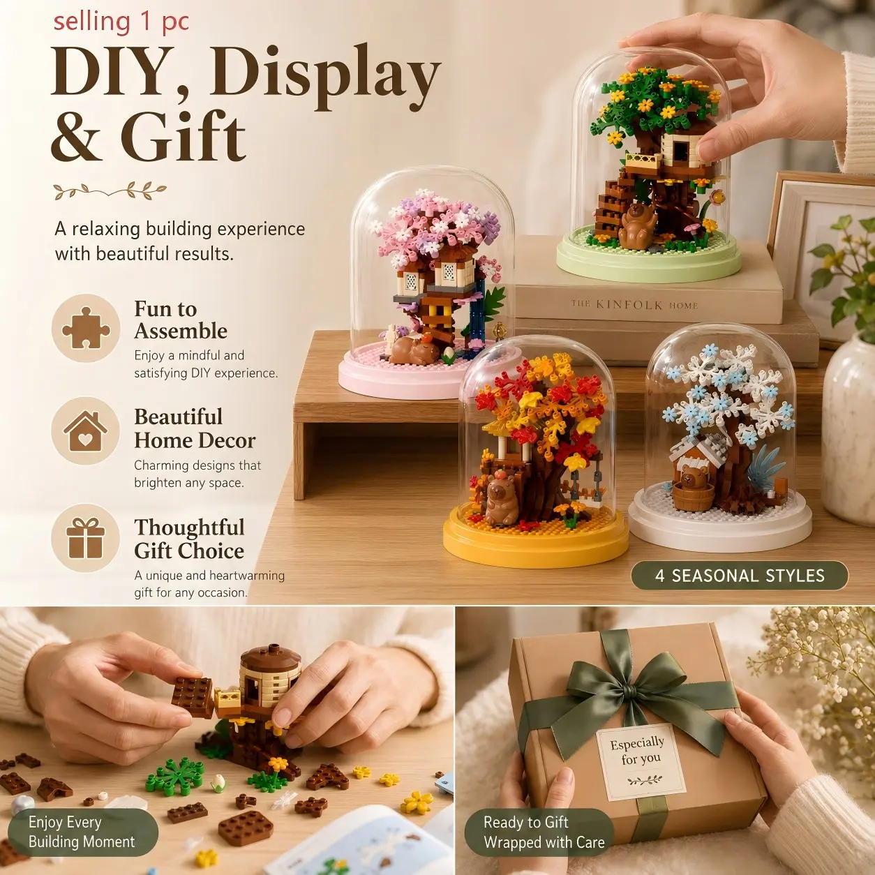 4 Styles, Mini Tree House Building Blocks Set, Seasonal Forest Cabin DIY Assembly Kit,  Cute Capybara Scene Design, Creative Hands On Building Activity, Relaxing Hobby Craft, Home Decor Collection, Gift Idea for Adults, Teens, Friends, Desk Shelf Display
