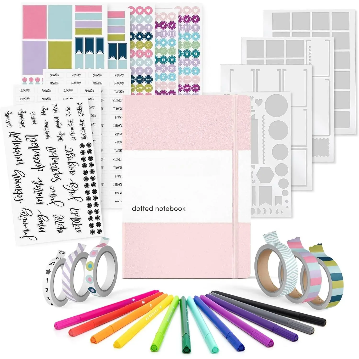 Journal Kit, Dotted Journaling Set & Stationary Kit, Hardcover Dotted Journal Notebook (Blush), 12 fineliner Pens, 8 Sticker & 3 Stencil Sheets, 6 Washi Tapes