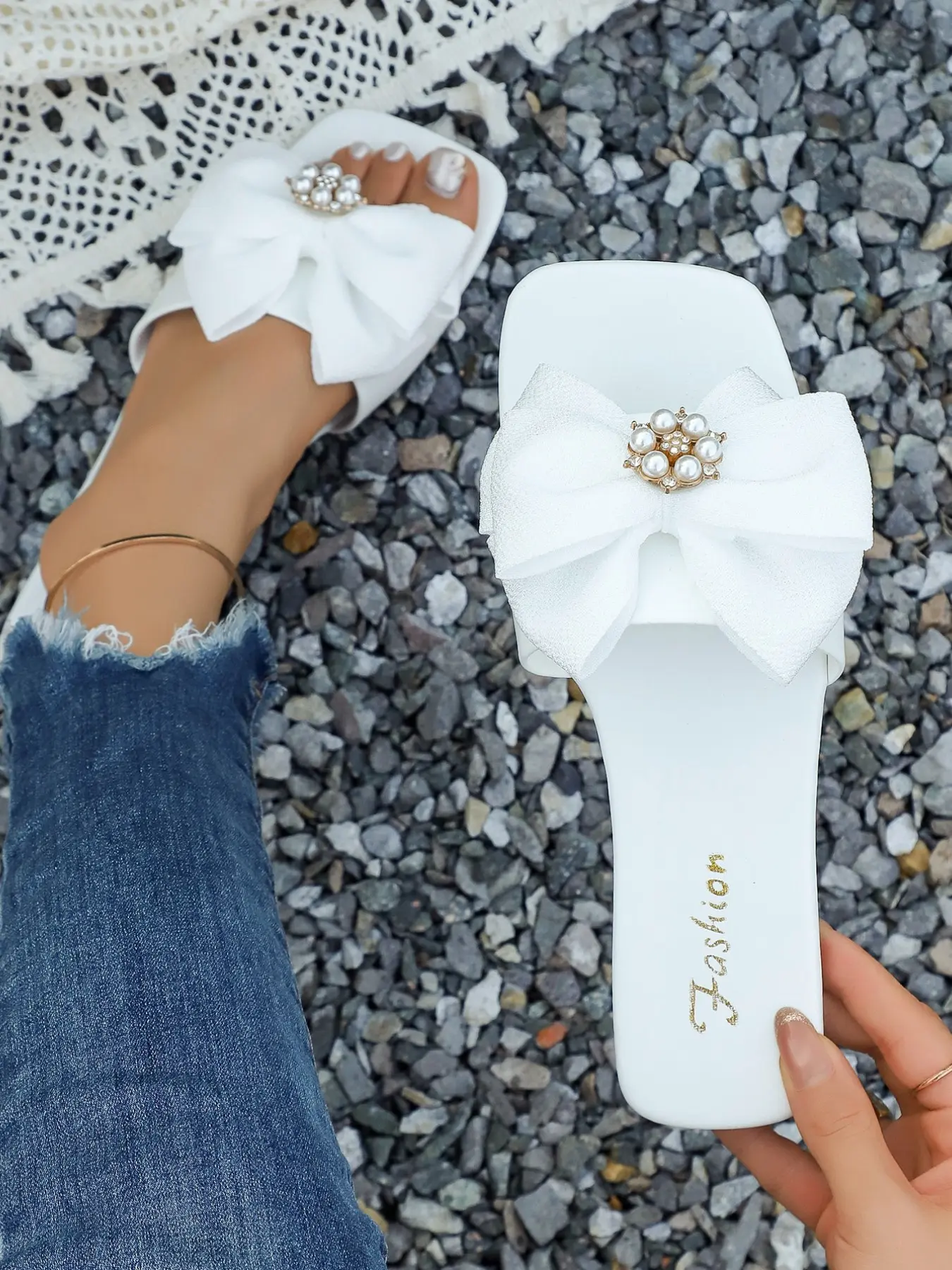 Women's Big Bow Pearl Decor Slide Sandals, Square Open Toe Flat Slip on Mules, Summer Elegant Casual Beach Wedding Slippers, Casual Summer Footwear, Footwear For Beach