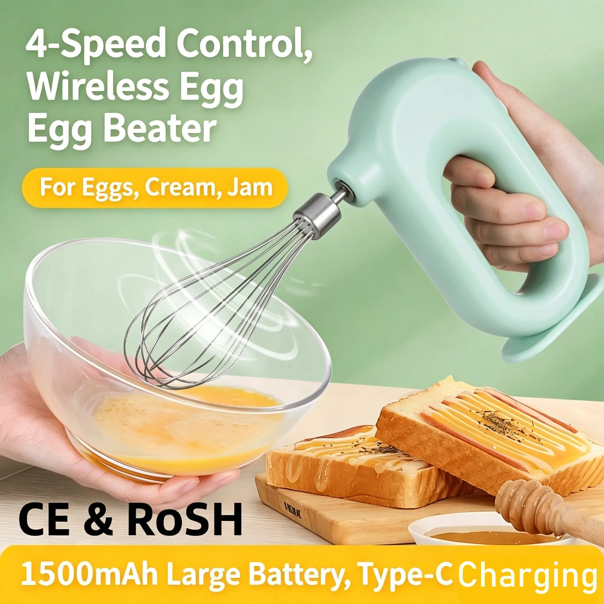 Handheld Electric Egg Beater, Whisker, Egg Mixer & Hand Mixers – USB Rechargeable, Wireless, Portable, Lightweight, Easy to Use, Ideal for Baking Cake, Cookies, Pancakes