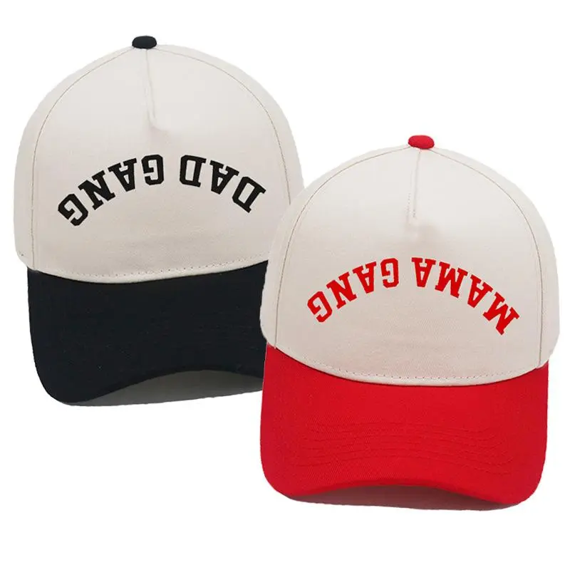 "Dad Gang" & "Mama Gang" Embroidered Retro 2-Tone Baseball Cap - High-Density Embroidery, Curved Brim, Block Letters, Unisex Fit, Adjustable Strap, Parenting Aesthetic Gift, Casual Wear