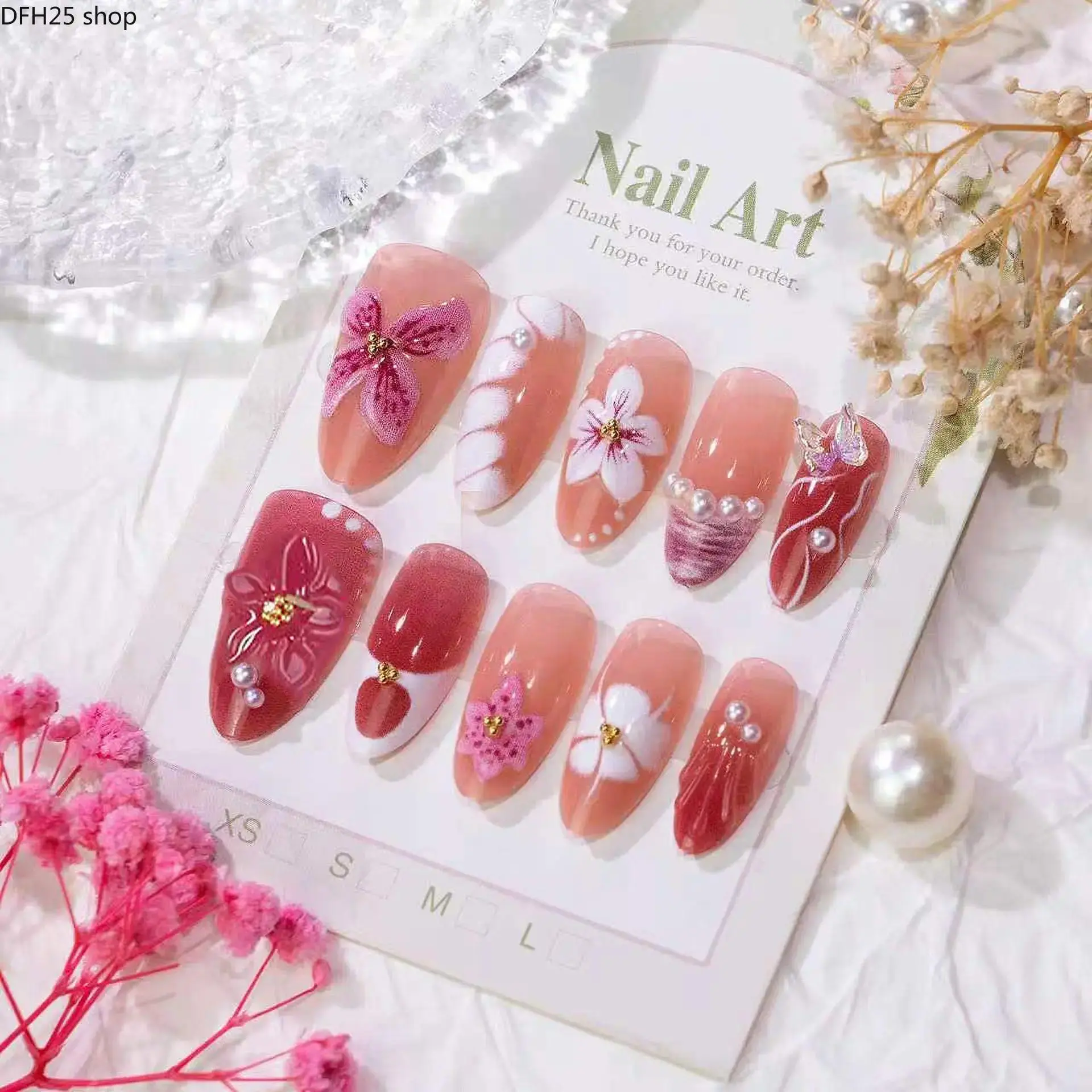 30PCS Almond Press On Nails for Women, Handmade Acrylic False Nails With 3D Flower Butterfly Pearl Design, Reusable Nail Tips for Date Night, Parties, Holidays and Daily Wear