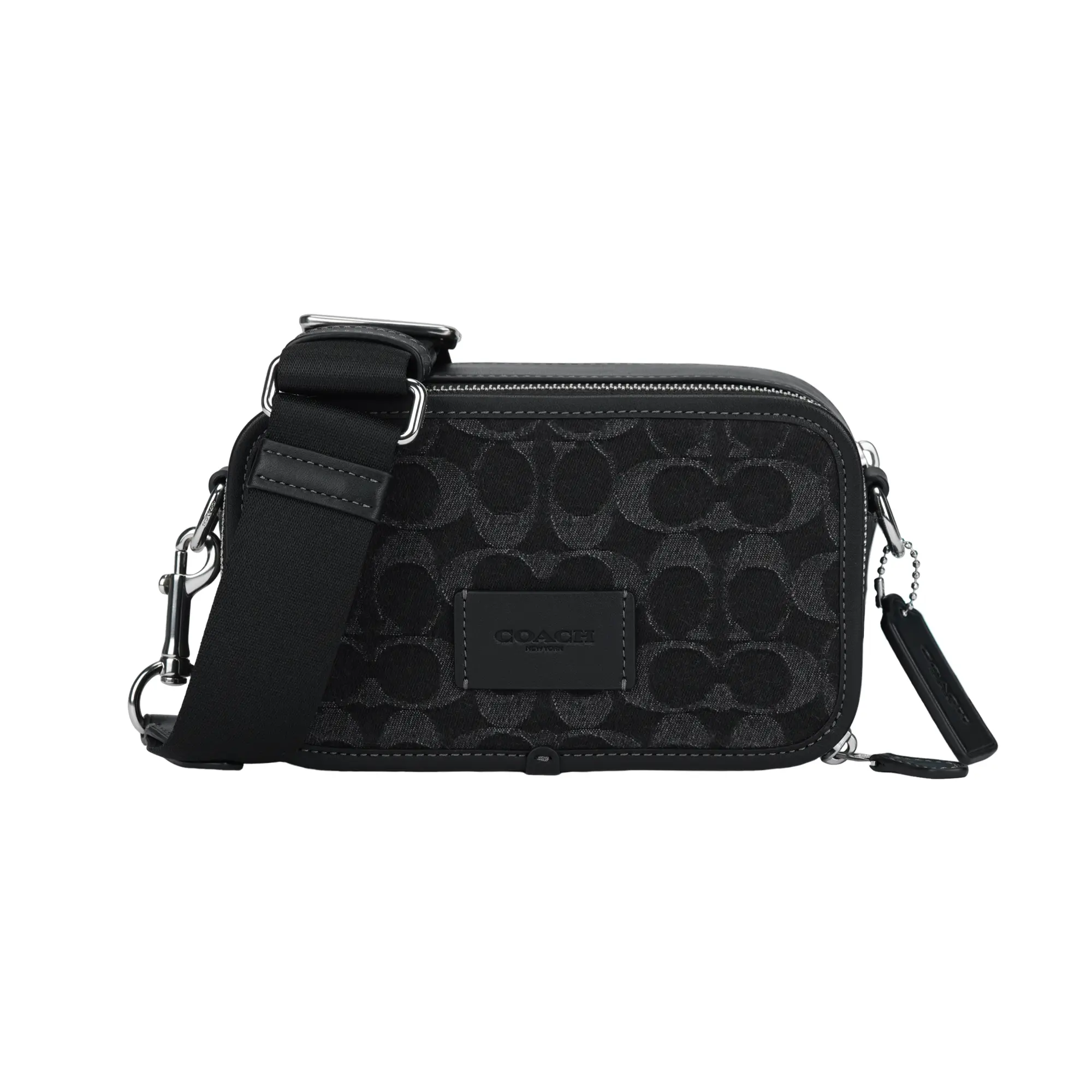 COACH Small Crossbody Bag for Men – Fabric and Cowhide Leather with Logo Print, Zip Closure, Black