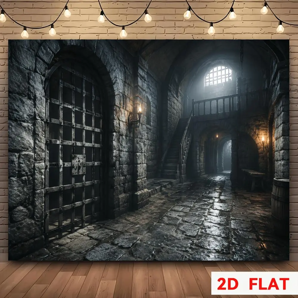 2D Flat Banner HD digitally printed polyester photography backdrop, vintage medieval castle dungeon stone corridor pattern, soft lightweight foldable background cloth for product photography, portrait shooting,