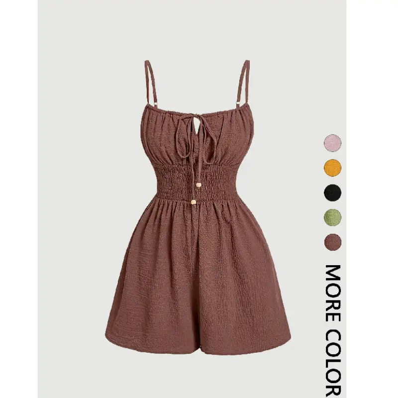 Women's Casual Solid Fitted Sleeveless Romper with Adjustable Front Tie and Elastic Waist, Stylish Jumpsuit for Summer, Trendy Fashion Clothes for Ladies