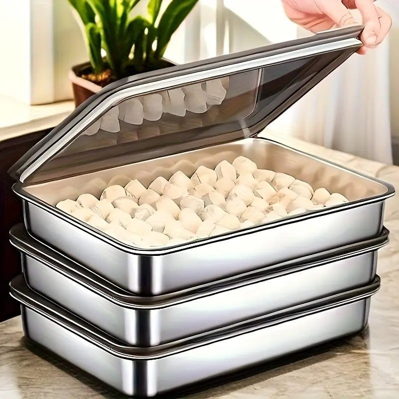3-Piece Large Stainless Steel Trays with Lids, Thickened Towel Dishes, Tiramisu Plates, Salad Bowls, Food Storage Containers, Prep Dishes