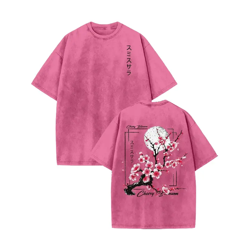 Men's 100% Washed Cotton Fabric Round Neck Short-Sleeve T-Shirt - Vintage Acid-Washed Print Top with Cherry Blossom & Japanese Lettering, Loose Knit Distressed Casual Summer Unisex Wear, Teen Boy Gift Menswear