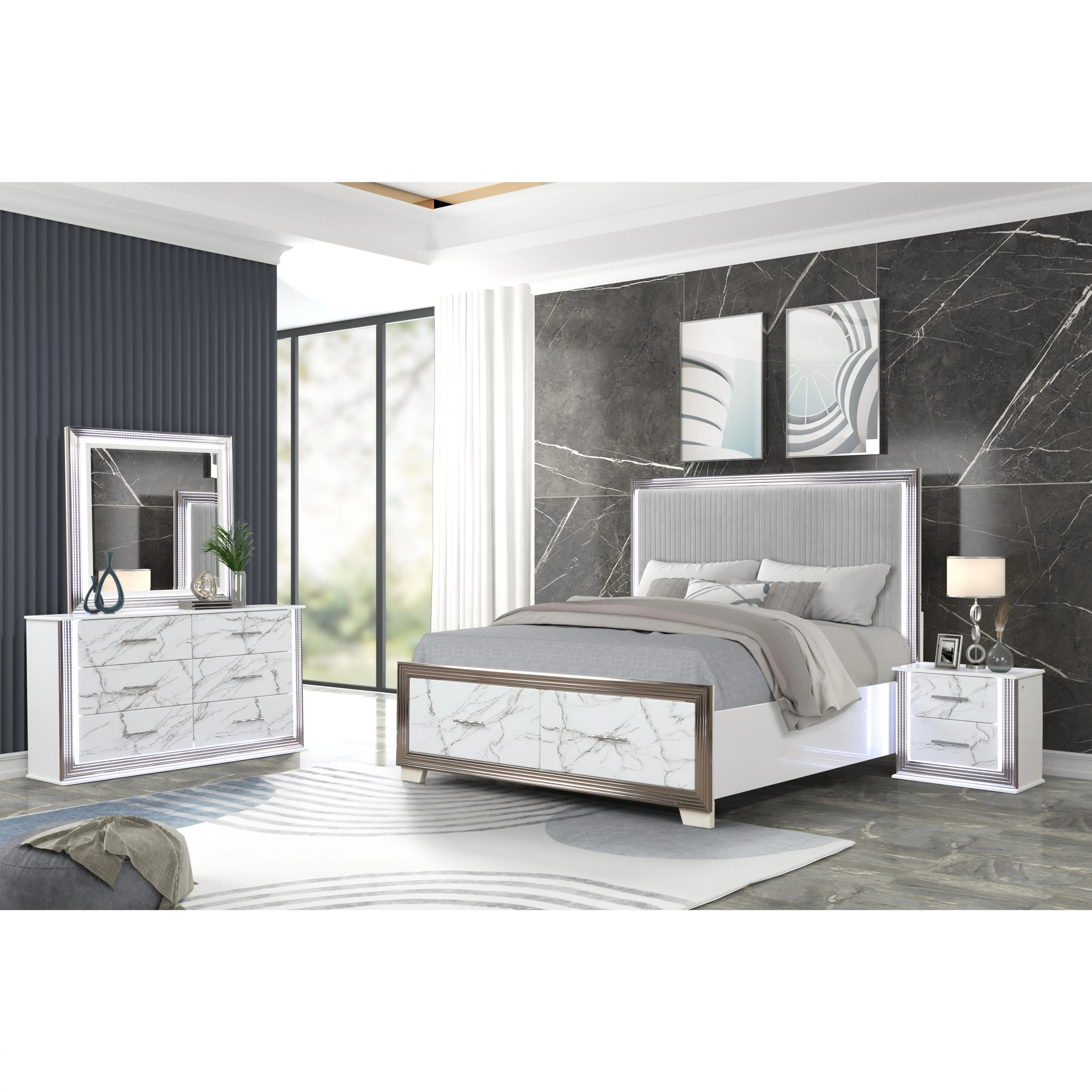 Nokaa Queen 4-Piece Bedroom Set with LED Upholstered Bed, Marble-Finished Dresser, Mirror & Nightstand, White Wood Frame, Velvet Headboard, Built-in Lighting, Storage Drawers, Modern Bedroom Furniture Suite
