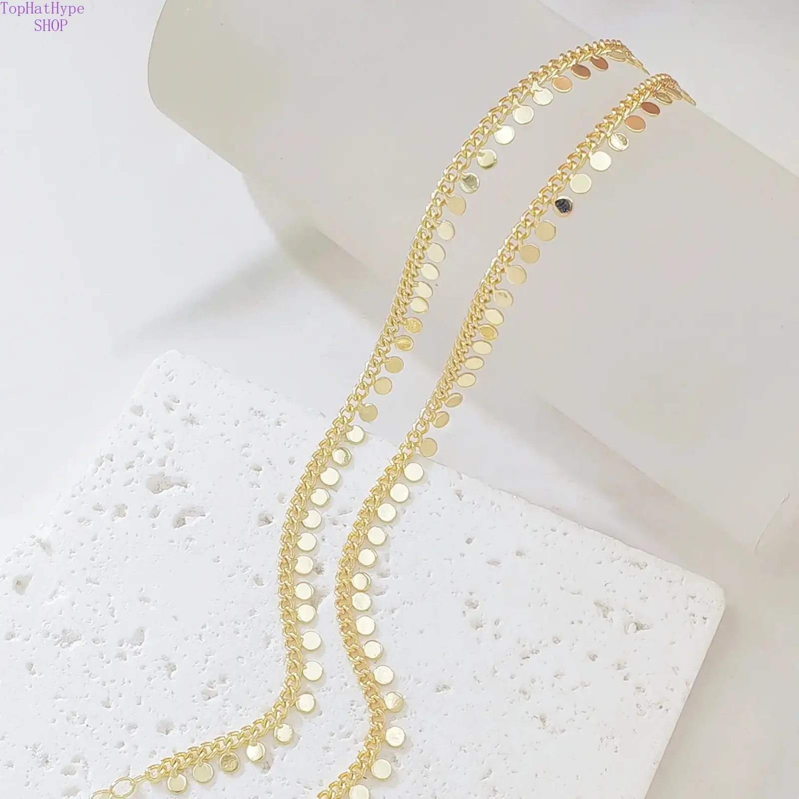 14K Gold Plated Copper Dainty Disc Ankles Bracelet for Women, Tiny Round Coin Tassel Curb Chain Adjustable Anklet with Extension Chain, Summer Beach Foot Jewelry Gift for Birthday Valentine’s Day
