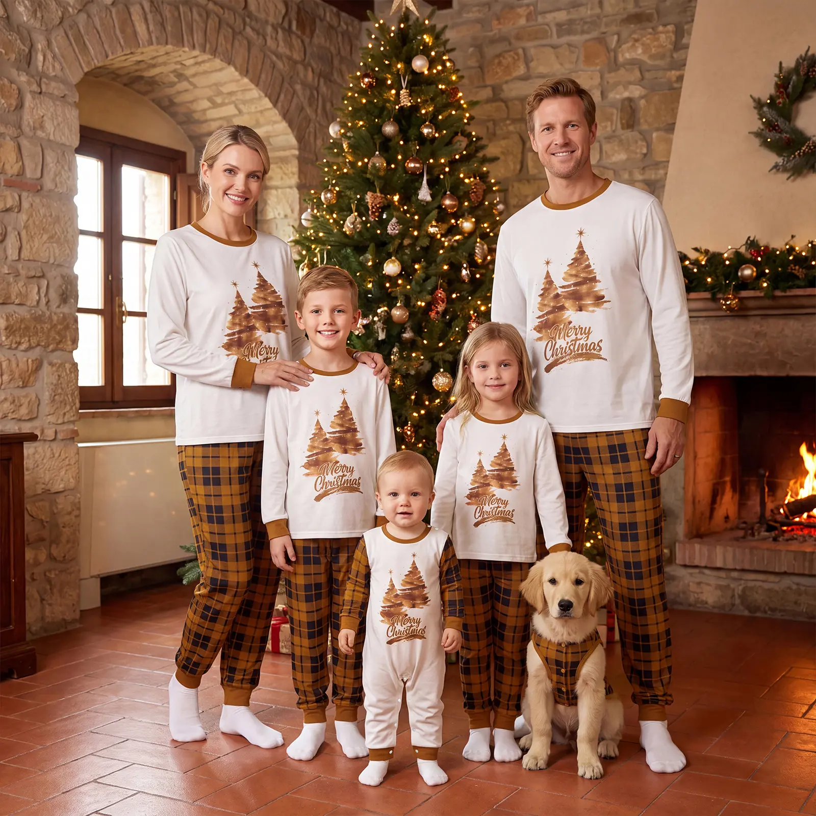 Christmas Family Matching Pajamas Set, Xmas Tree Graphic Long Sleeve Shirts and Plaid Pants, Soft Holiday Sleepwear PJs for Mom Dad Son Daughter Family Outfits