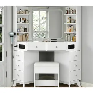 FUSOU Music Corner Vanity Desk with Bluetooth Speaker, [Shipping by 2 Packages] ,Vanity with Mirror and Lights, Modern Makeup Vanity with Glass Top,  8 Drawers & 6 Shelves, 3 Color Lighting Modes, Dressing Table with Chair for Bedroom, White,SummerVibe