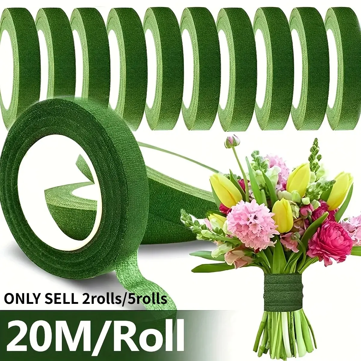2/5 Rolls Green Self-Adhesive Floral Tape, Bouquet Wrapping Tape for Fresh Flowers, Garden Vine Fixing, DIY Flower Arrangement Crafts