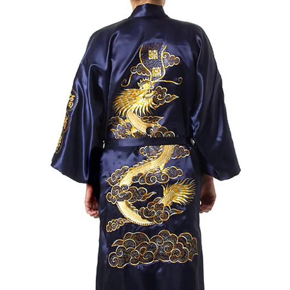 Mens Silk Kimono Robe Mens Japanese Silk Dragon Bathrobe Chinese Kimono Robe Men Open Front Long Cloak with Belt