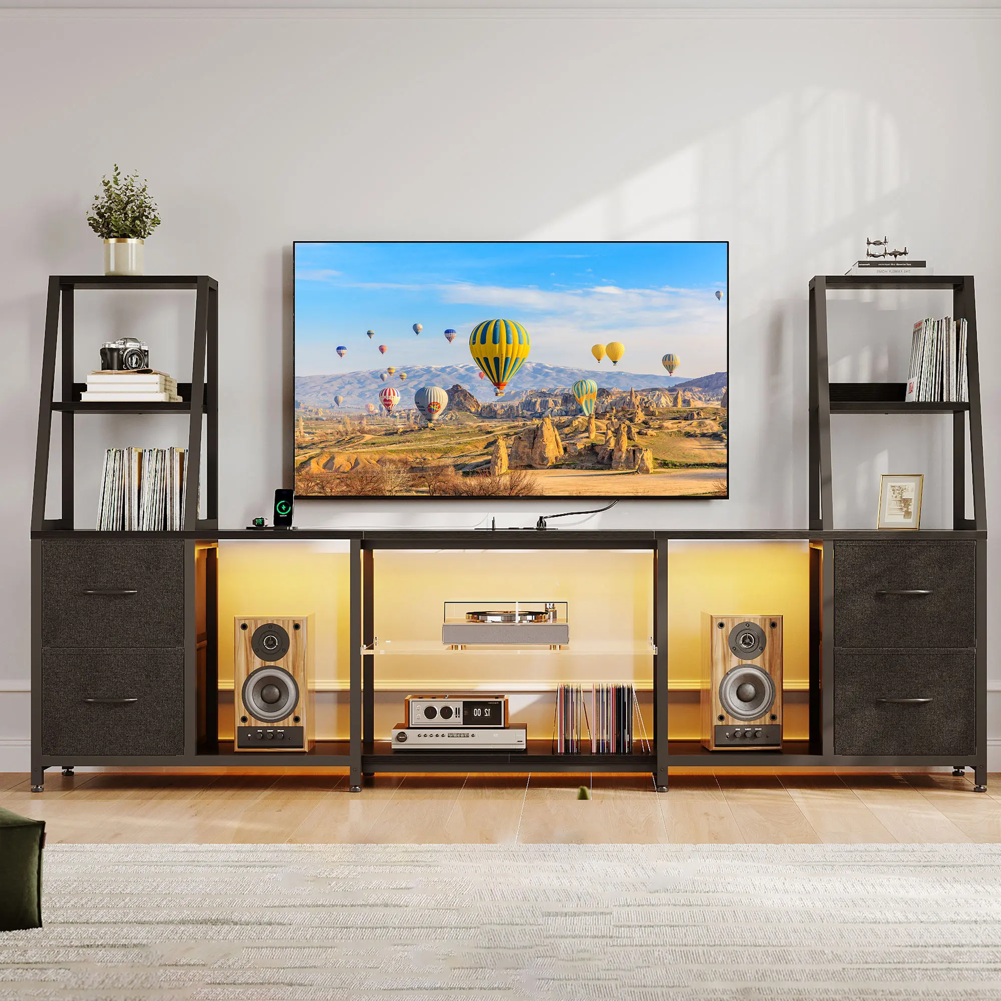 AODK Modern Rectangular LED TV Stand for 50-65 Inch TVs, Metal & Wood Gaming Entertainment Center with 4 Drawers, Power Outlets, LED Lights & Easy Setup, Black