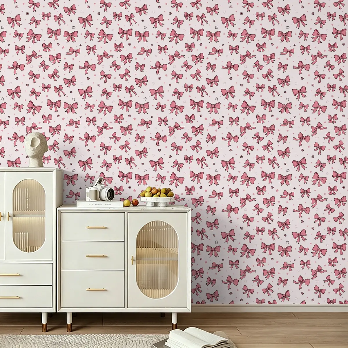 1 Roll Peel & Stick PVC Wallpaper,Girl style pink bow pattern,Instant peel wall sticker with stable pure color, covers wall dirt, renovation film for apartment, internet cafe, dining room & old furniture, Nursery Wallpaper