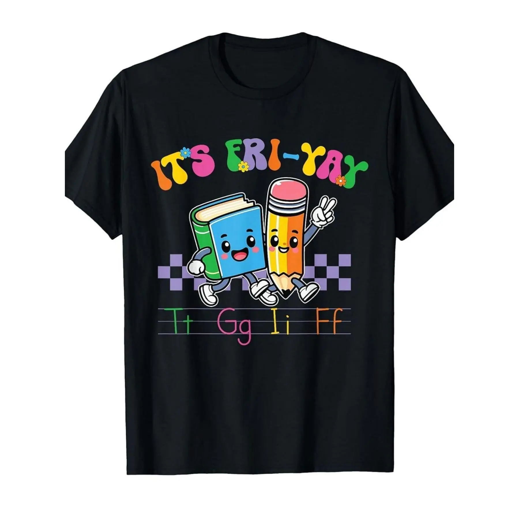 Humorous TGIF Teacher And Friyay Educator T-Shirt with Cheerful Books And Pencils, Featuring a Vibrant Friday Design.A Unisex Gift for Teachers, Perfect for School Spirit, Casual Wear, And Stylish Outings
