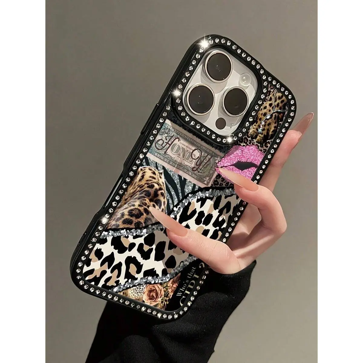 New Luxury Fashion  Leopard Print Dollar Rhinestone Transparent Black Full-Cover Phone Case,With IPhone 17 Pro Max/17 Pro/17/16 Pro Max/16 Pro/16/16 Plus/15 Pro Max/15 Pro/15/15 Plus.INS Style, Y2K Style, Luxurious And High-End Feel!