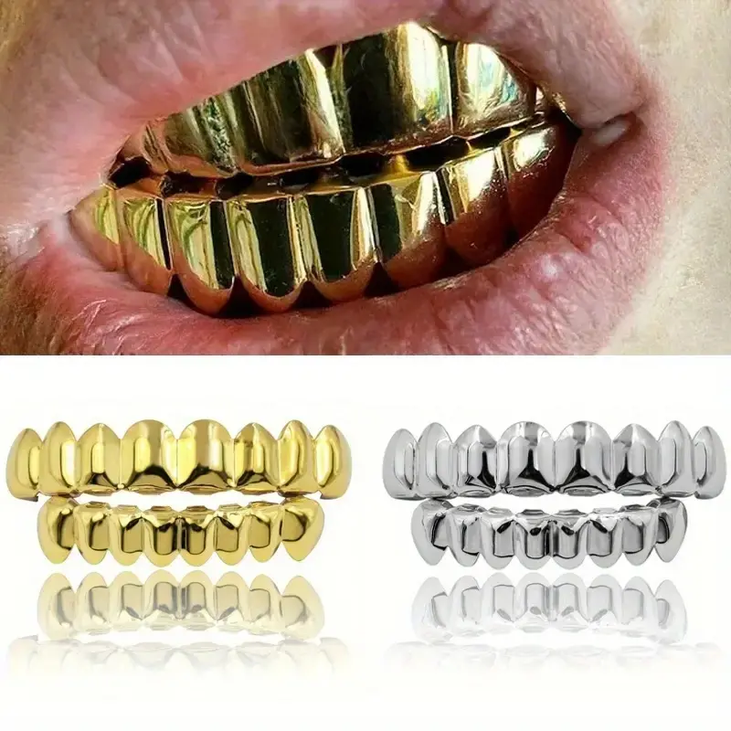 2count/SET Hip Hop 18K Golden Plated oth Caps Decor For Women Men UniGender 16 Teeth Grills Set: TheReliable Punk-Style Accessory For Men's Body 8/8 Glossy Teeth Grillz