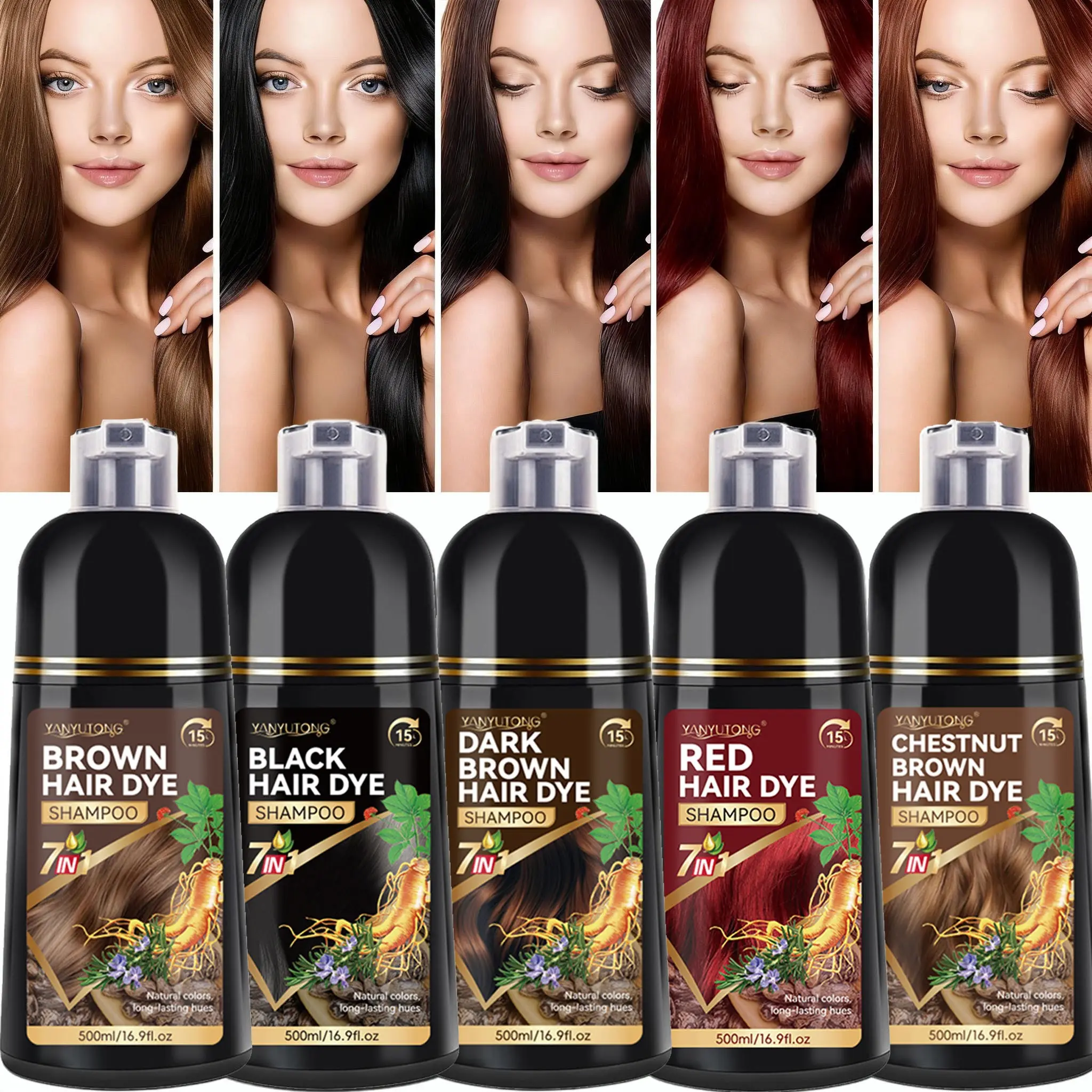 500ML Family Pack Dye Shampoo Hairdye, 7-In-1 Hair Care, Covers, Adds Ginseng Extract, Gentle Mild Non-Irritating, Glossy, Soft, Five Colors Available, Haircare