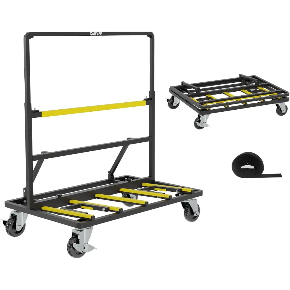 1800 Lbs Capacity Drywall Cart Dolly | Foldable Panel Truck Cart with Swivel Casters, Expandable Deck & Tie-Down Strap for Handling Plywood, Plasterboard, Glass