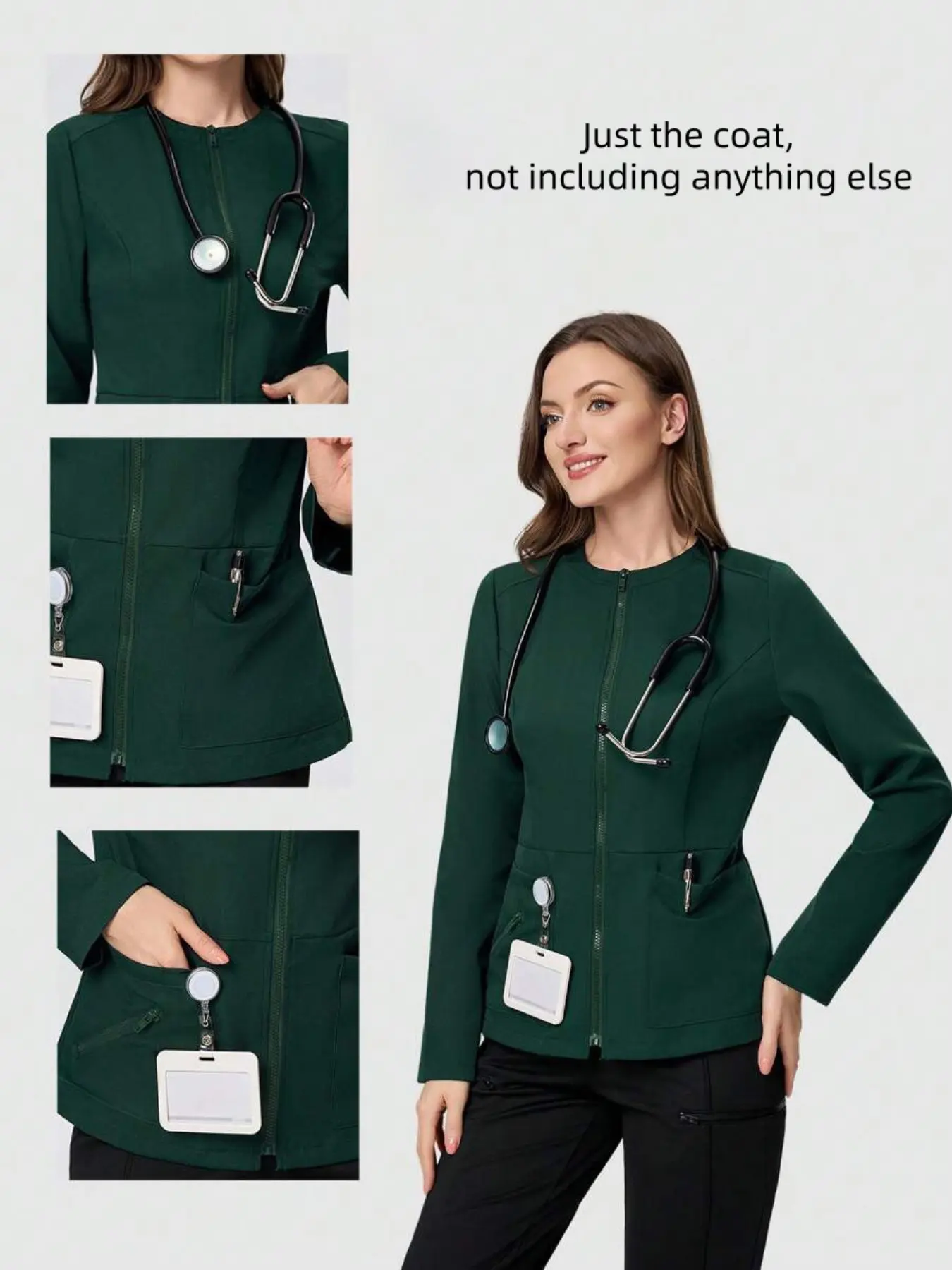 Solid Color Women's Nurse Long Sleeve Work Jacket, Breathable Elastic Medical Cardigan, Multi-Pocket Female Work Top for Clinic Hospital
