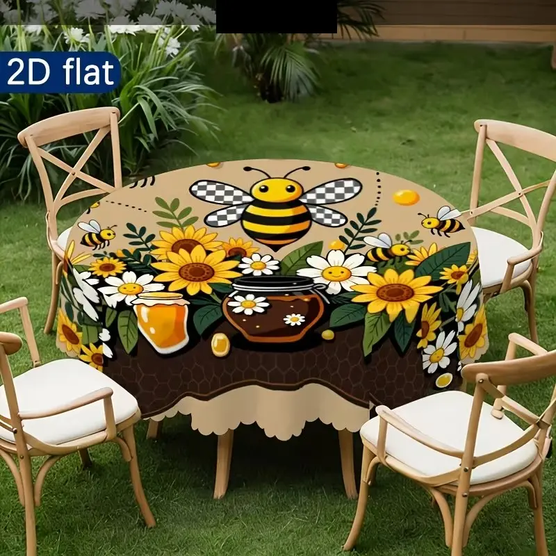 2D Flat Party Tablecloth 1pc, Bee Flower Honey Pattern, Outdoor Camping, BBQ, Picnic, Home Decor, Kitchen Dining, Indoor/outdoor Use
