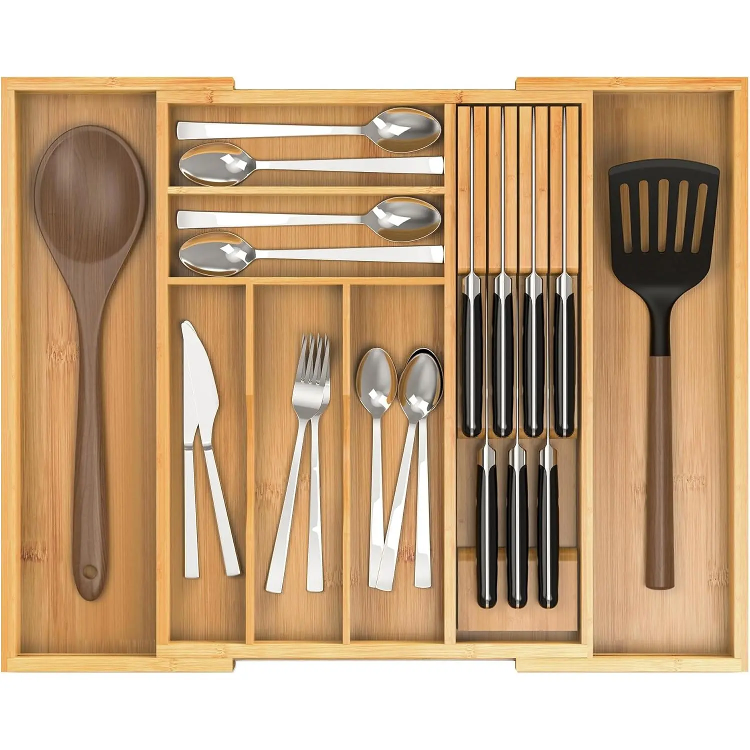Bamboo Kitchen Drawer Organizer, Expandable Silverware Organizer with Removable Knife Block, 6-8 Slots- Utensil Holder & Cutlery Tray Drawer Dividers, 2.36" Deep for Extra Capacity, Natural