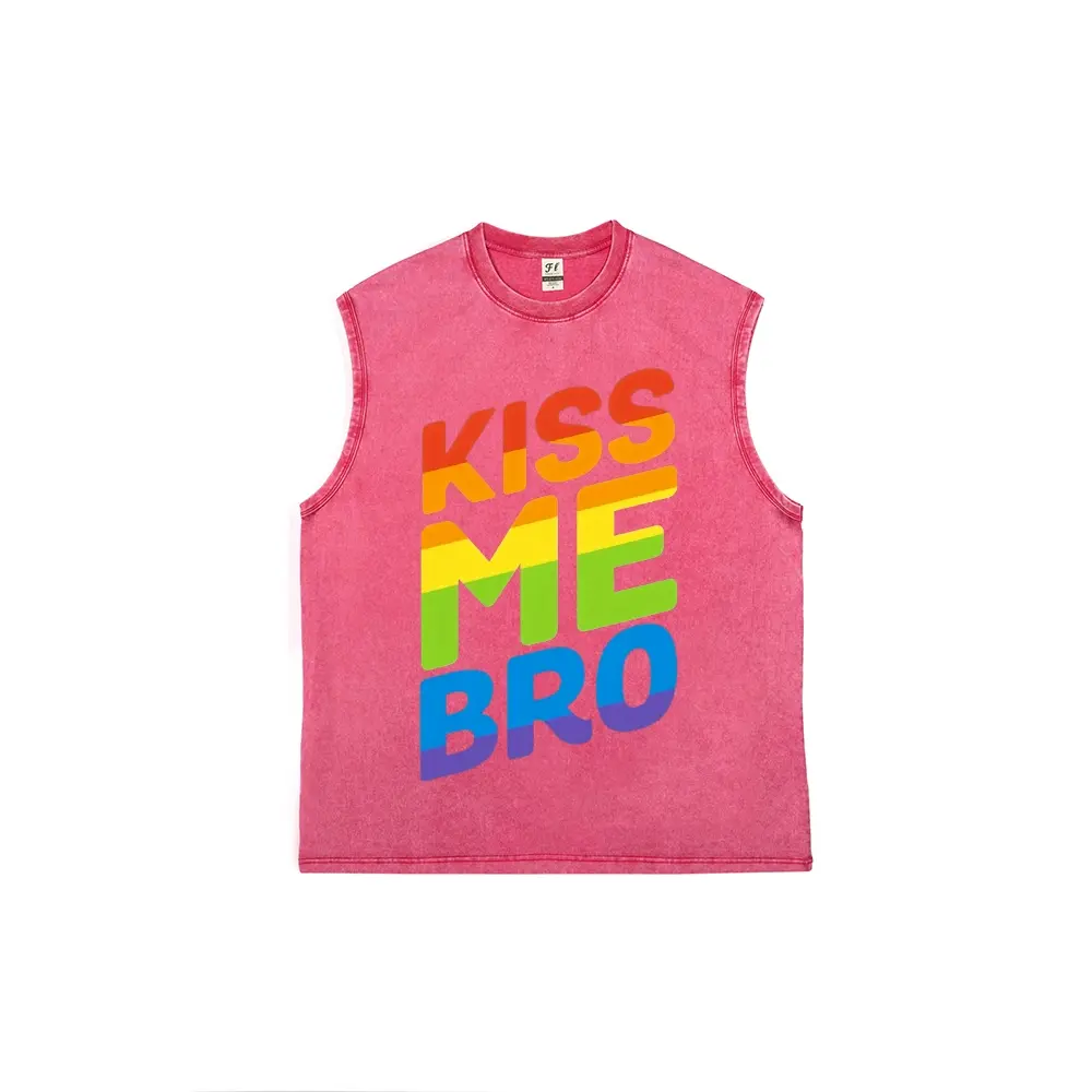 Bold Rainbow Gradient "Kiss Me Bro" Text Print Acid Washed Cut Off Sleeveless Muscle Tank Top Unisex Oversized LGBTQ Gay Pride Graphic Casual Tee Multi Colors for Men Women Pride Parade Festival Gift