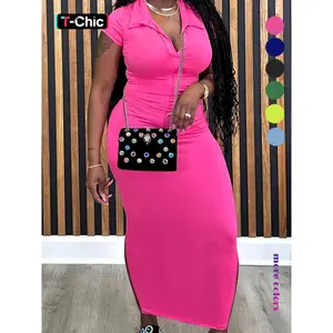 Women's Plain Collared Knitted Bodycon Fit Dress, Solid Color Short Sleeve Long Dress, Ladies Clothes for All Seasons, Casual Wear, Basic