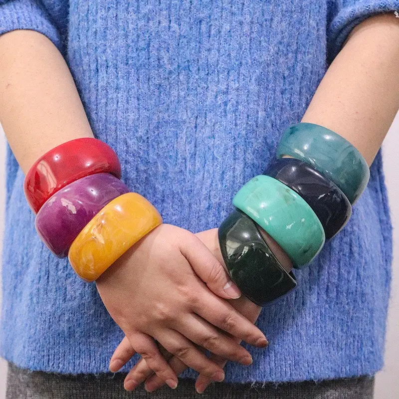 Women's 1-Piece Glossy Acrylic Resin Chunky Wide Cuff Bangle - Bracelet Wristband, Organic Shape Stainless Steel Sculptural Jewelry, Lightweight Elegant Minimalist Modern Accessory, Fashionable Chunky Bangles, All Seasons Daily Wear & Gift, Orange Cowhide
