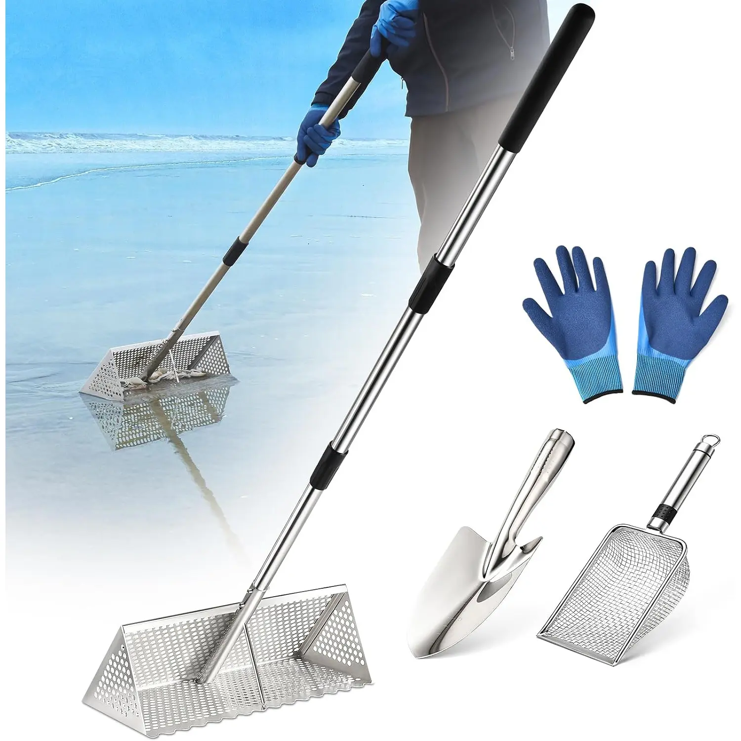 Sand Flea Rake, Long Handle Sand Sifter, Beach Rake Comes with A 16-Inch Wide Stainless Steel Mesh Screen for Collecting Seashells and Beach Finds, Includes Pole, Shovel, and Sifter
