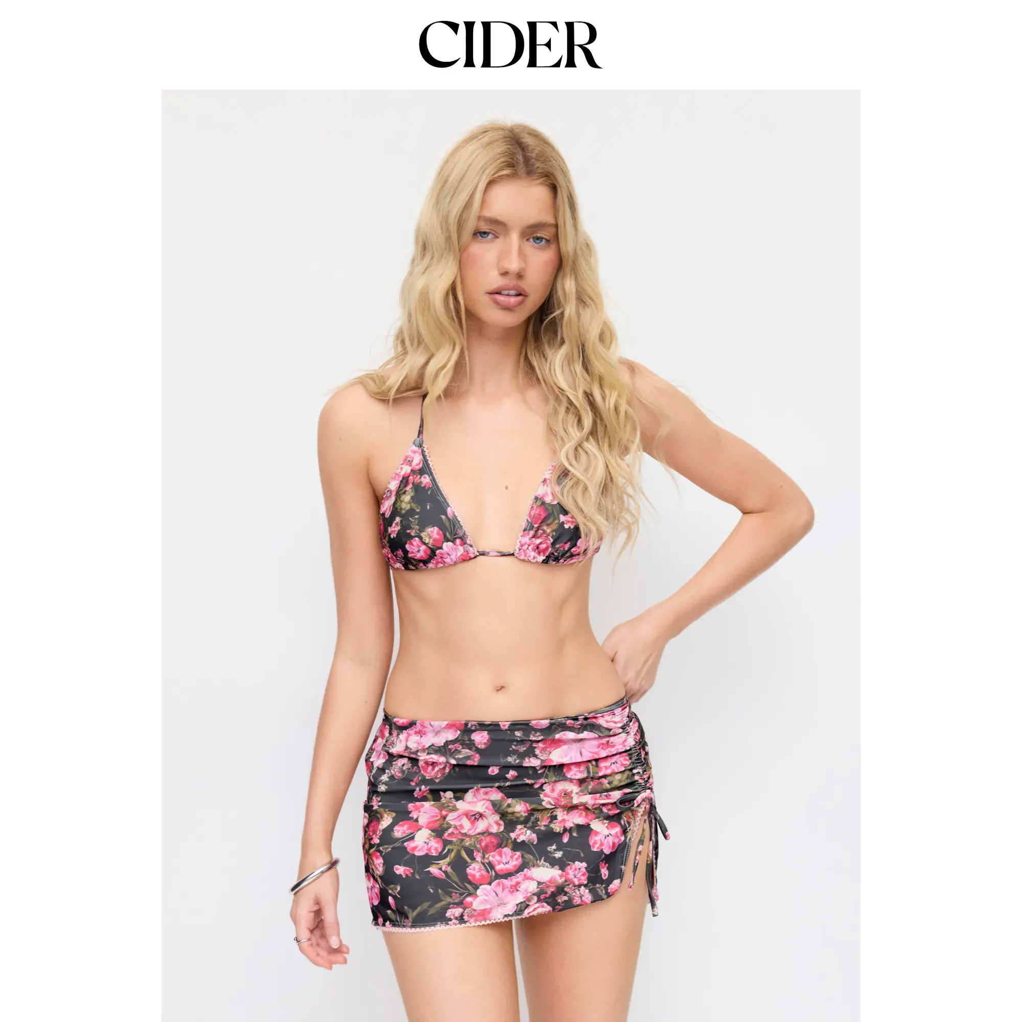Cider Floral Triangle Side Tie Bikini Set with Sarong