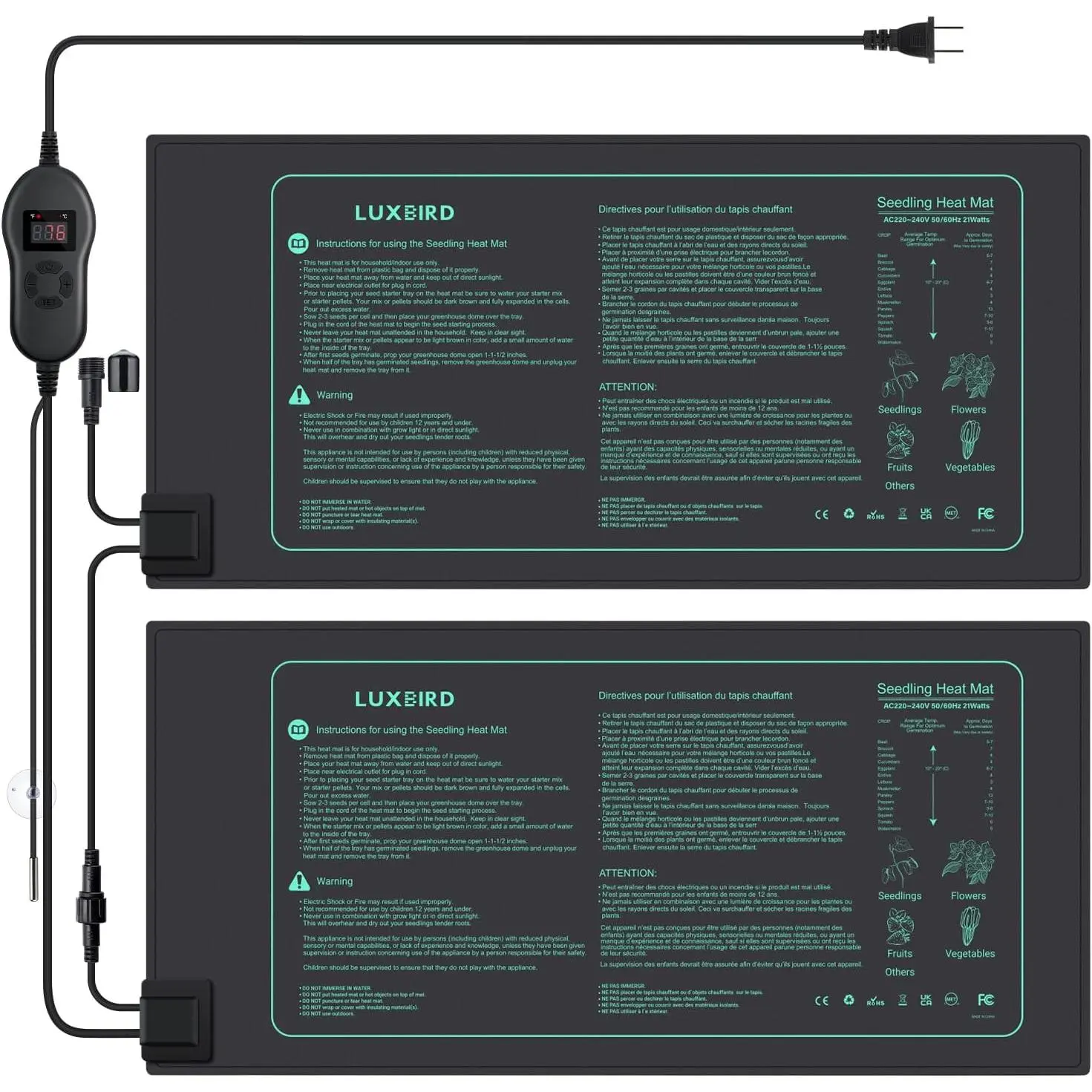 2 Pack Seedling Heat Mats with Digital Thermostat Controller, 10" x 20.75" 30W for Seed Starting, Germination, Hydroponics, Brewing, Breeding, Greenhouses (LB-HT02)