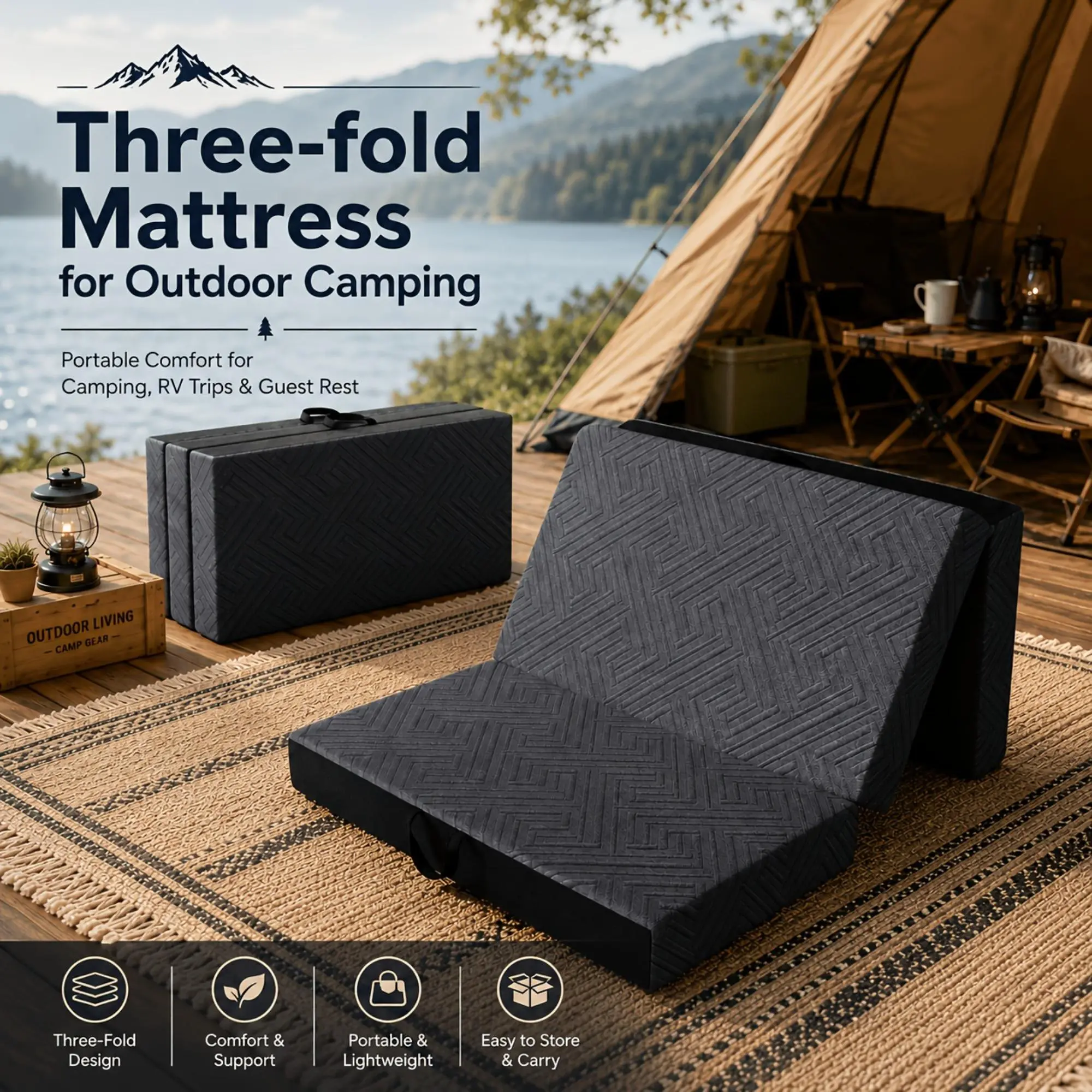 ORHOPUI Outdoor Tri Fold Mattress, 3 Inch / 4 Inch / 6 Inch Folding Memory Foam Mattress with Washable Cover, Portable Floor Guest Bed for Camping, RV, Travel, Road Trip, Travel and Small Spaces